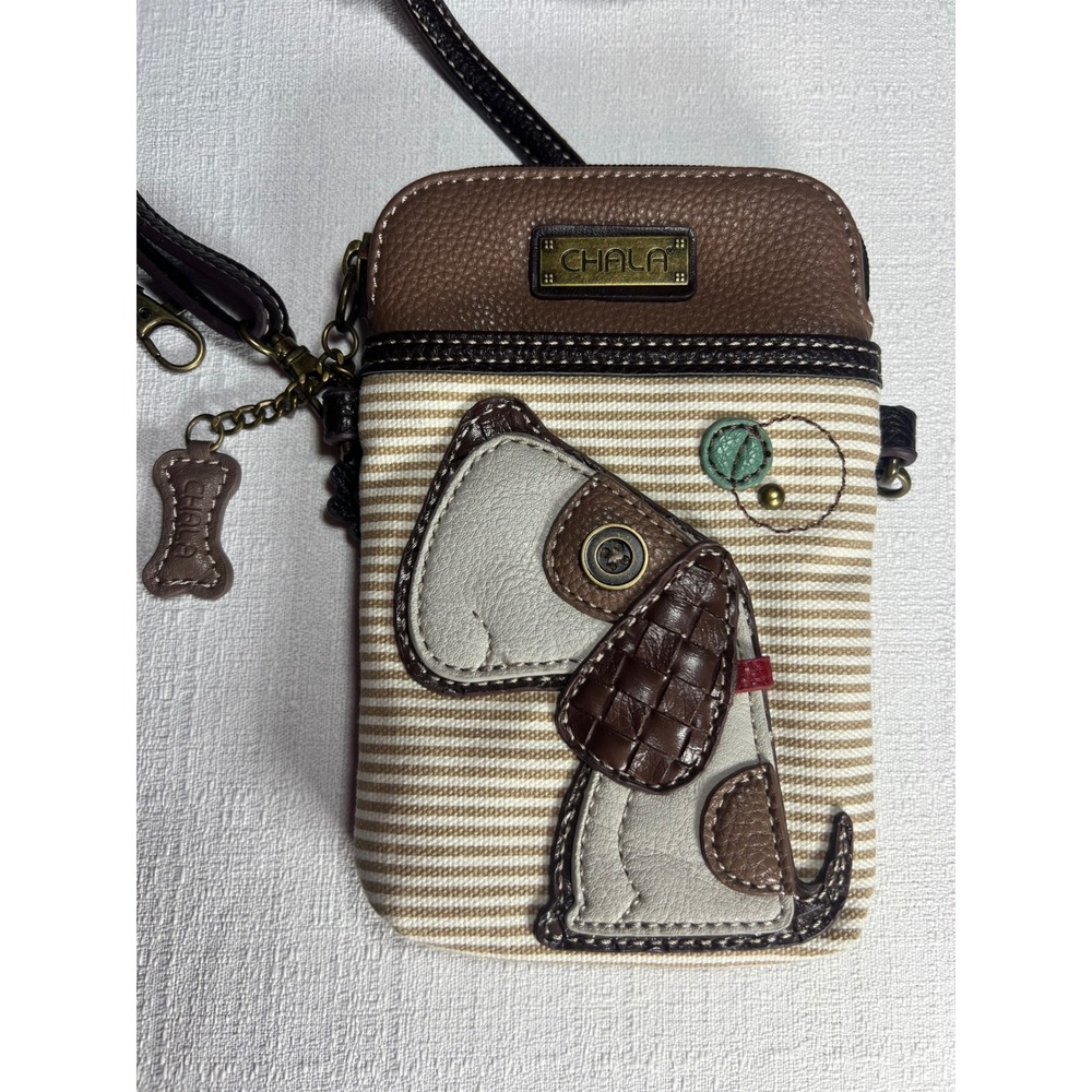 Chala Dog Cell Phone Purse Crossbody Backpack Striped Canvas Brown Tan Small